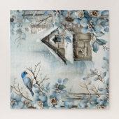 Alle Blauwe Winter Scene Vogel Oude Cabin Bloesems Legpuzzel (Verticaal)