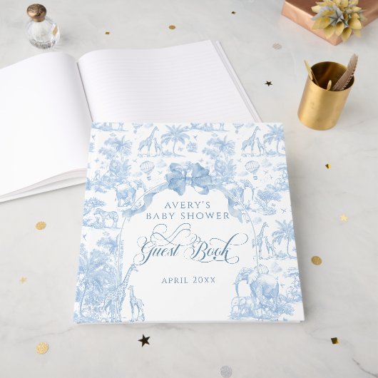 Alle Blue Toile Safari Animal Baby Shower Gastenboek (Voorkant open)