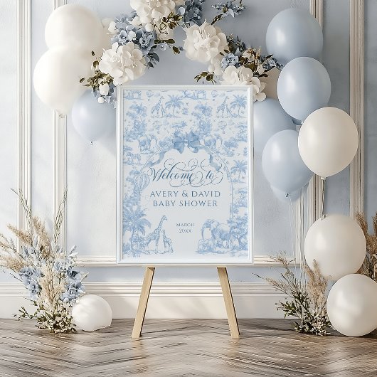 Alle Blue Toile Safari Animal Baby Shower Poster