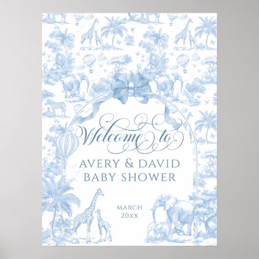 Alle Blue Toile Safari Animal Baby Shower Poster (Voorkant)