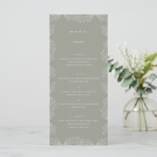 Alle Floral Sage Groen Bruiloft Diner Menu (Staand voorkant)
