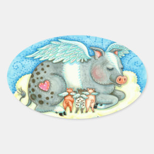 ALLE GOEDE PIGLETS GAAT NAAR HEEVEN, KUTE PIG ANGE OVALE STICKER