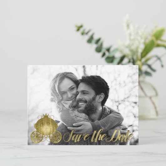 Alle Gold Princess Storybook Carriage Save the Dat Kaart (Staand voorkant)