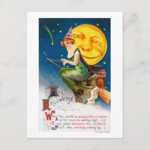Alle Halloween-heks op een kamer met volle maan Briefkaart