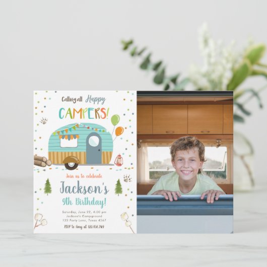 Alle Happy Campers Camping Boy Birthday Inv Kaart (Staand voorkant)