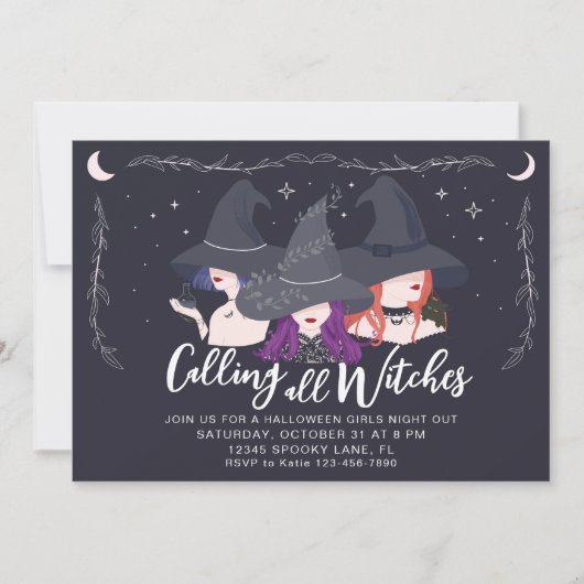 Alle heksen roepen Meisjes Nacht Halloween Party Kaart (Voorkant)