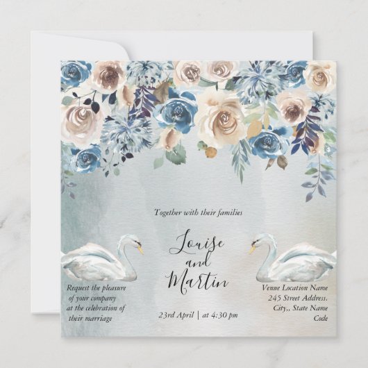 Alle in één, florale waterverf met witte zwanen kaart (Voorkant)