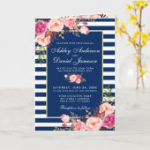 Alle in één roze blauwe strepen bruiloft kaart (Gele Bloem)