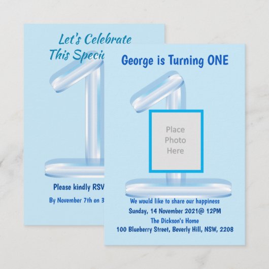 Alle informatie over BLUE 1e verjaardag Uitnodigin Kaart (Voorkant / Achterkant)