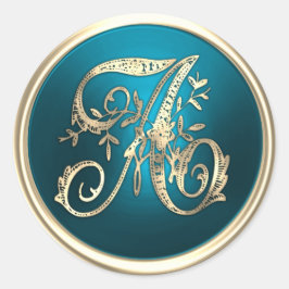 Alle Initialen Gold Monogram Blauwgroen Ronde Sticker