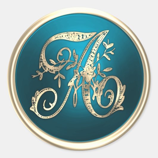 Alle Initialen Gold Monogram Blauwgroen Ronde Sticker (Voorkant)
