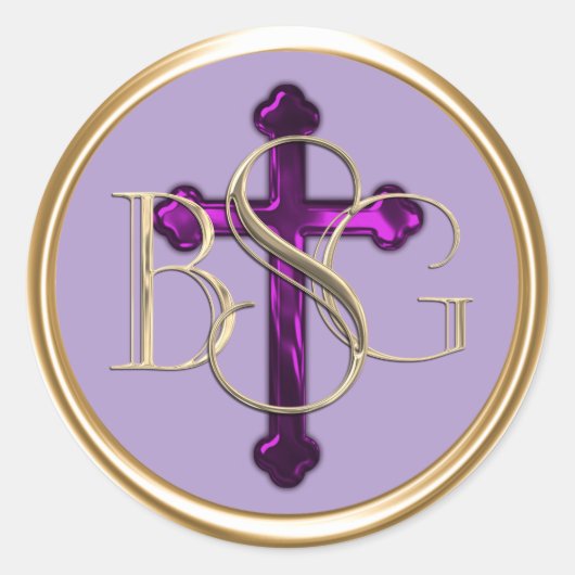 ALLE INITIALEN Goud 3 Monogram Paarse Kruis Ronde Sticker (Voorkant)