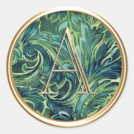 ALLE INITIALEN Goud Monogram Blauw en Groen Damast Ronde Sticker