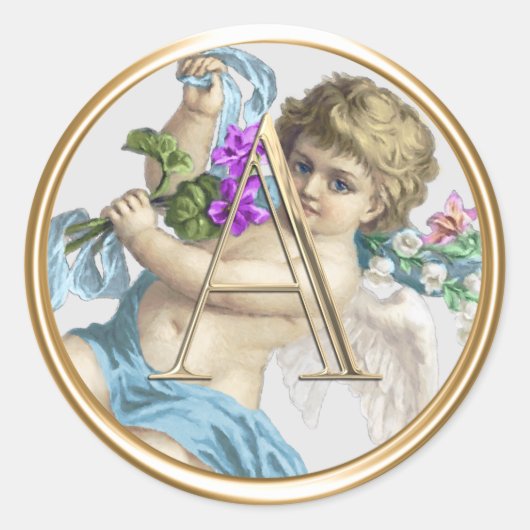 ALLE INITIALEN Goud Monogram Cherub Blauw Ronde Sticker (Voorkant)