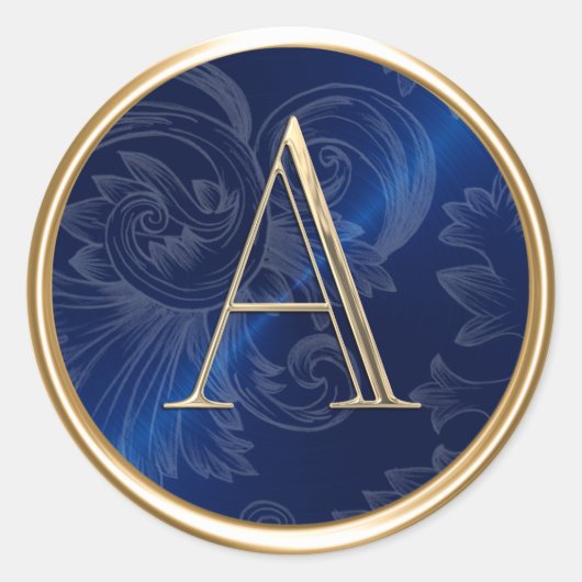 ALLE INITIALEN Goud Monogram Navy Blauw Damast Ronde Sticker (Voorkant)