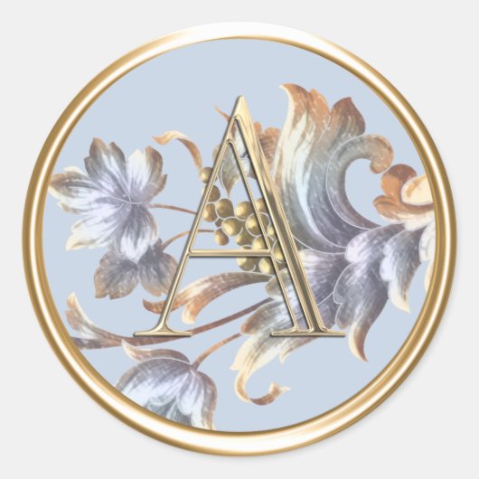 ALLE INITIALEN Gouden Monogram op Blauwe Acanthus Ronde Sticker (Voorkant)
