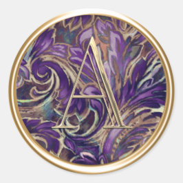 ALLE INITIALEN Gouden Monogram op Paarse Damast Ronde Sticker
