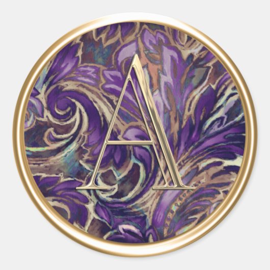 ALLE INITIALEN Gouden Monogram op Paarse Damast Ronde Sticker (Voorkant)