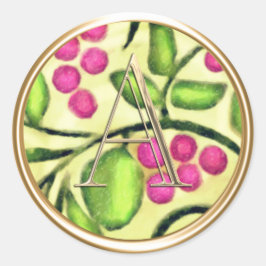 ALLE INITIALEN Gouden Monogram op Roze Berry Vine Ronde Sticker