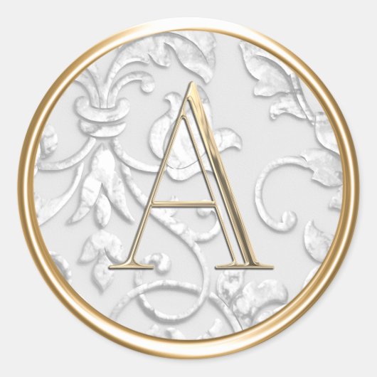 ALLE INITIALEN Gouden Monogram op Witte Damast Ronde Sticker (Voorkant)