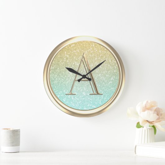 ALLE INITIALEN Monogram Ombre Glitter Aqua Grote Klok (Huis)