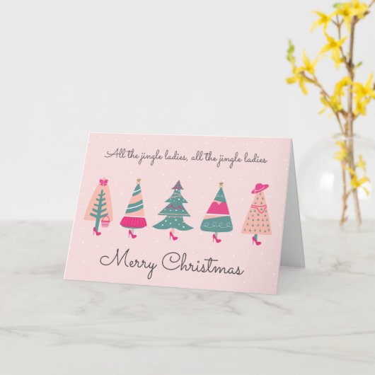 Alle Jingle-dames roze kerstbomen Kaart (Gele Bloem)