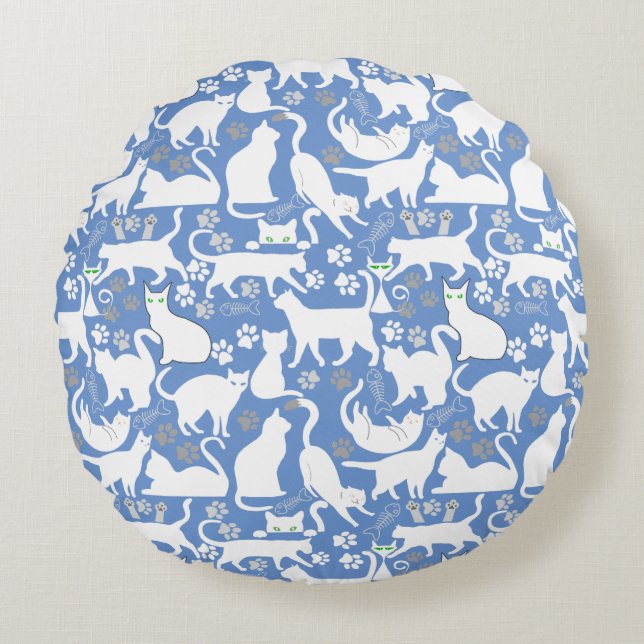 Alle Katten patroon.w.bx4 L Blauw BG Rond Kussen (Voorkant)