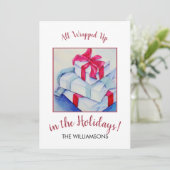 Alle kerstcadeautjes die zijn opgepakt feestdagenkaart (Staand voorkant)