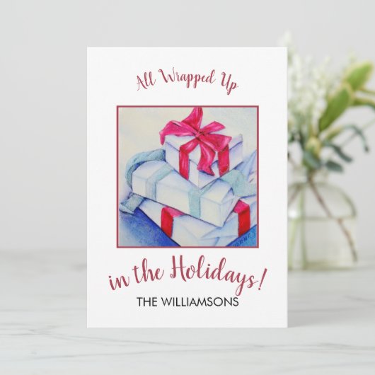 Alle kerstcadeautjes die zijn opgepakt feestdagenkaart (Staand voorkant)