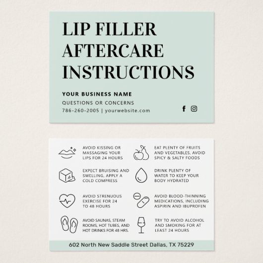 Alle kleuren Mint Lip Filler Botox Aftercare Kaart (Voorkant /achterkant)