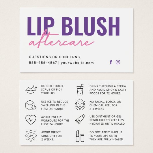 Alle kleuren Moderne Paarse lip Blush Tattoo After Visitekaartje (Voorkant /achterkant)
