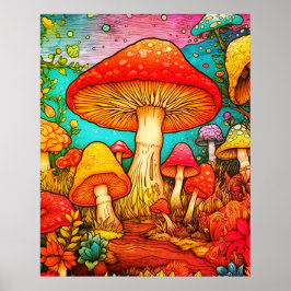 Alle Kleuren van Paddenstoelen Zwarte Achtergrond  Poster