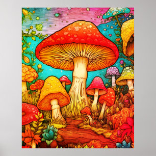Alle Kleuren van Paddenstoelen Zwarte Achtergrond Poster