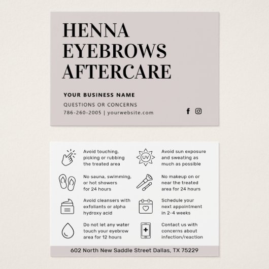 Alle kleurentint Henna Brows Aftercare Kaart Advie (Voorkant /achterkant)