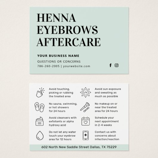 Alle kleurentint Henna Brows Aftercare Kaart Advie (Voorkant /achterkant)
