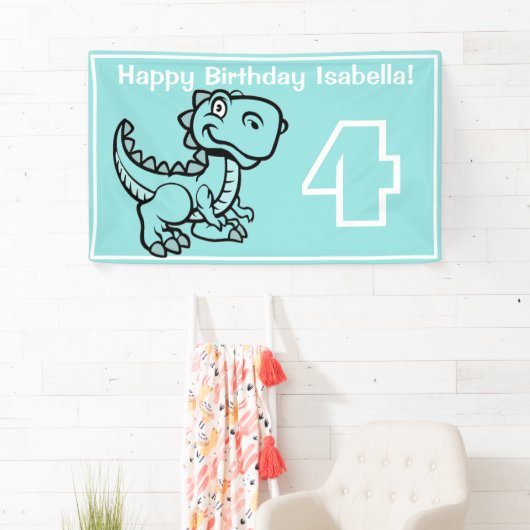 Alle Leeftijd Blauwgroen T Rex Dinosaur Verjaardag Spandoek (Insitu)