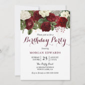 Alle leeftijden Burgundy Red Floral Birthday Party Kaart (Voorkant)
