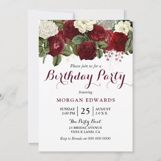 Alle leeftijden Burgundy Red Floral Birthday Party Kaart (Voorkant)