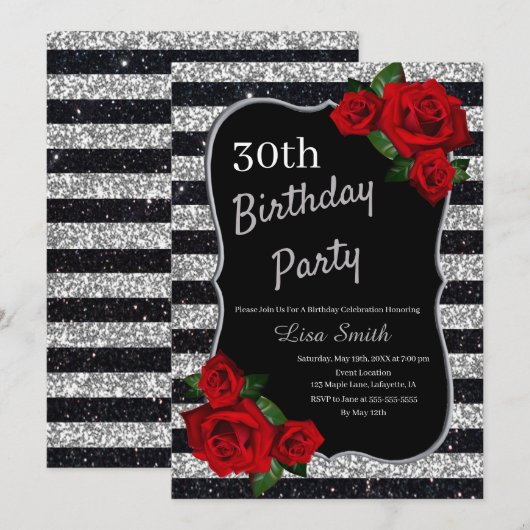 Alle leeftijden, zilver en zwarte glitterrode roze kaart (Voorkant / Achterkant)