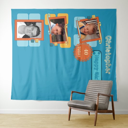 Alle leeftijdsfoto's 40e blauwe achtergrond wandkleed (In Situ (horizontaal))