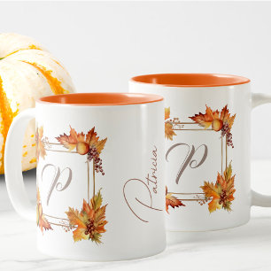 Alle letters Modern Boho Fall laat monogram achter Tweekleurige Koffiemok