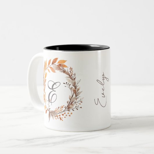 Alle letters Modern Boho Foliage Monogram Herfst Tweekleurige Koffiemok (Voorkant links)