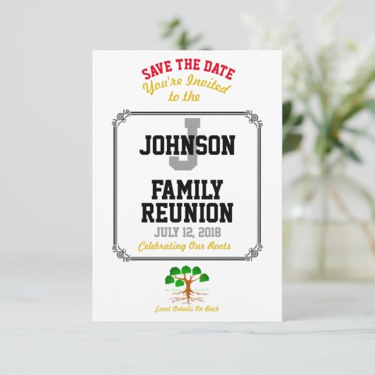 Alle namen en datums van witte familieresessie - save the date (Staand voorkant)