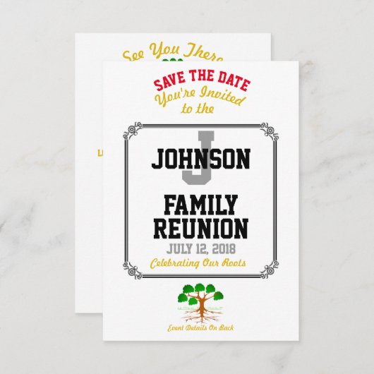 Alle namen en datums van witte familieresessie - save the date (Voorkant / Achterkant)