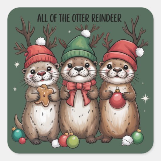 Alle Otter Rendier Kerstmis Dier Winter Vierkante Sticker (Voorkant)