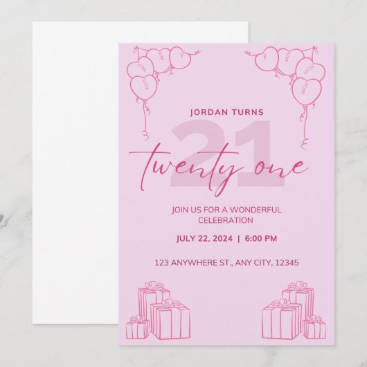 Alle roze verjaardagsuitnodiging kaart (Voorkant / Achterkant)