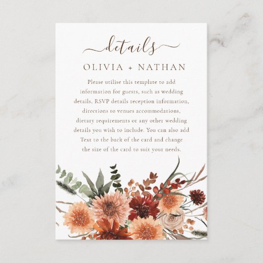 Alle Seizoenen Goddelijke Boho Bloemen Trouwdetail Informatiekaartje (Voorkant)