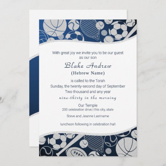 Alle sporenbalk Mitzvah Silver Blue Invitation 2 Kaart (Voorkant / Achterkant)