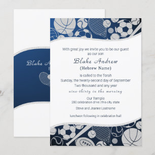 Alle sporenbalk Mitzvah Silver Blue Invitation 2 Kaart
