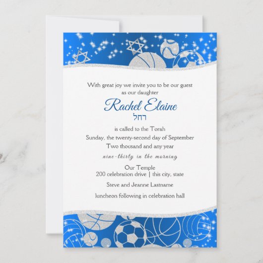 Alle Sport Bat Mitswa Zilver en Blauw Kaart (Voorkant)